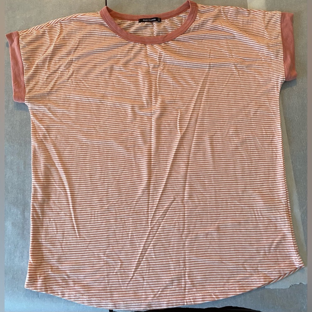 Pink Clover, size Large, salmon and white striped tee shirt